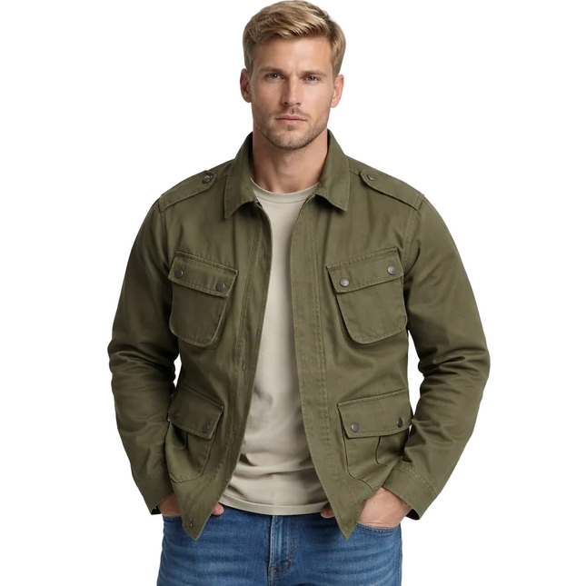 Herreskjorte med Flere Lommer – Vintage Arbeidsstil | Løs og Komfortabel Skjortejakke til Vår og Høst