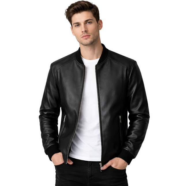 Svart PU Skinnjakke for Menn – Koreansk Bikerstil i Slim Passform | Trendy Baseball-inspirert Jakke (Opptil 8XL)