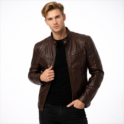 Herre Skinnjakke i PU – Europeisk Motorsykkelstil | Trendy og Komfortabel Jakke til Høst og Vinter