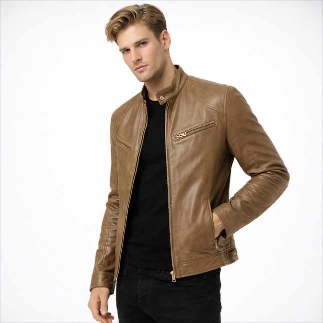 Herre Skinnjakke i PU – Europeisk Motorsykkelstil | Trendy og Komfortabel Jakke til Høst og Vinter
