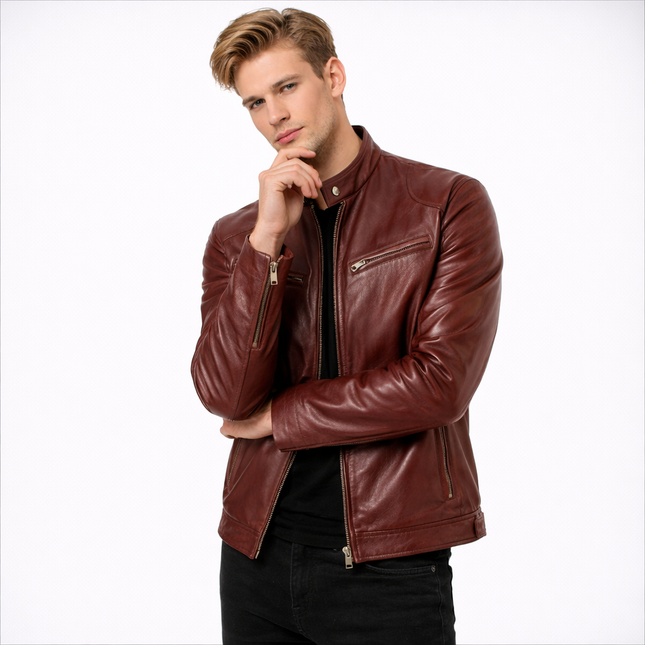 Herre Skinnjakke i PU – Europeisk Motorsykkelstil | Trendy og Komfortabel Jakke til Høst og Vinter