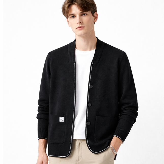 Herre Cardigan – Strikket Ensfarget Jakke | Koreansk Casual med Sjal-krage & Lommer