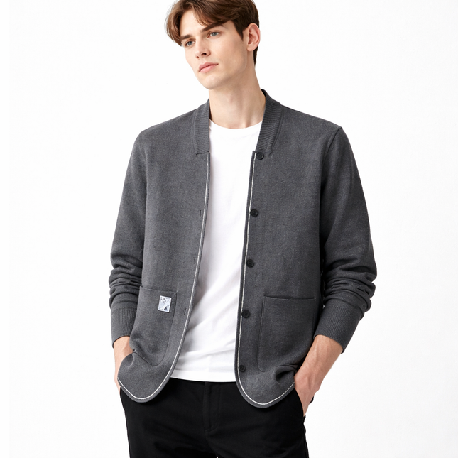 Herre Cardigan – Strikket Ensfarget Jakke | Koreansk Casual med Sjal-krage & Lommer