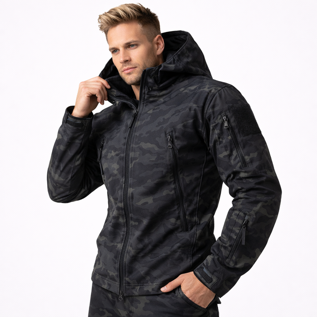 Softshell Taktisk Jakke – Vanntett & Vindtett med Fleecefor | Herre Camouflage Hettejakke til Jakt & Friluft