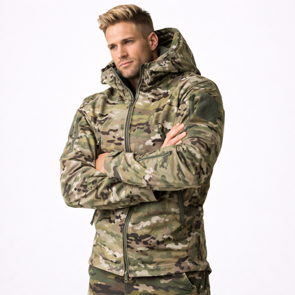 Softshell Taktisk Jakke – Vanntett & Vindtett med Fleecefor | Herre Camouflage Hettejakke til Jakt & Friluft