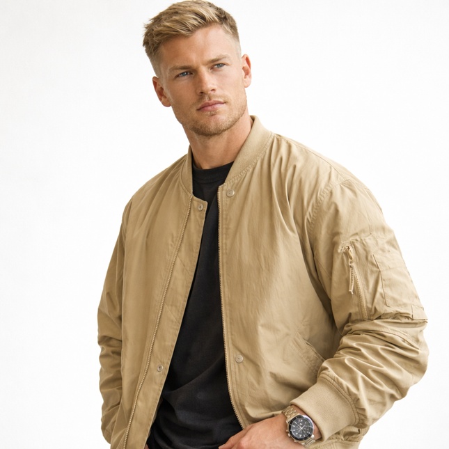 Herre Bomberjakke – Khaki MA-1 Flight Jacket | Klassisk Pilotstil med Baseballkrage
