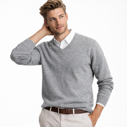 V-hals Genser for Menn i 100 % Merinoull – Myk og Varm Ullgenser | Klassisk Business og Casual Strikkegenser til Høst og Vinter