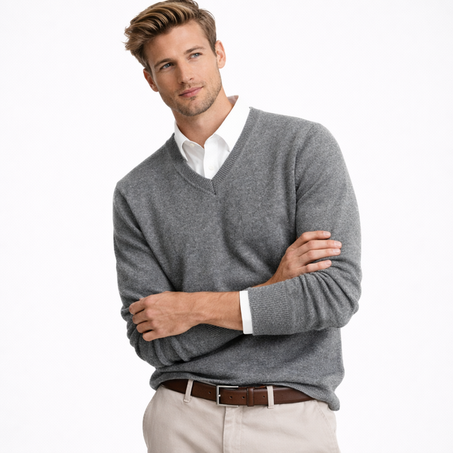 V-hals Genser for Menn i 100 % Merinoull – Myk og Varm Ullgenser | Klassisk Business og Casual Strikkegenser til Høst og Vinter