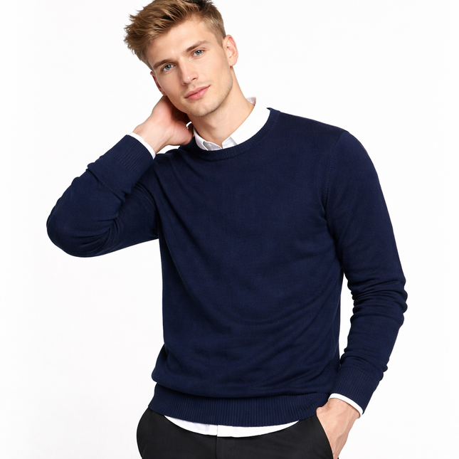 Klassisk Herregenser i Bomull – Tynn O-hals Strikkegenser | Enkel og Komfortabel Pullover til Vår og Høst (M–4XL)