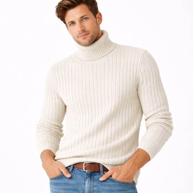 Høyhalset Genser for Menn – Tykk Strikkegenser i Ensfarget Design | Varm Vintergenser i Store Størrelser (opptil 4XL)