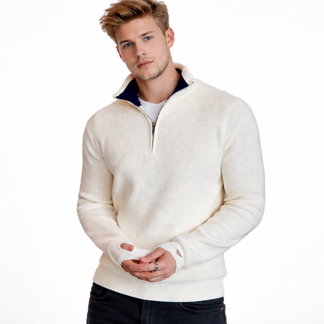 Herregenser med Halv Glidelås – Slim Fit Strikkegenser | Flerfarget Design & Ståkrage Høst/Vinter 2024