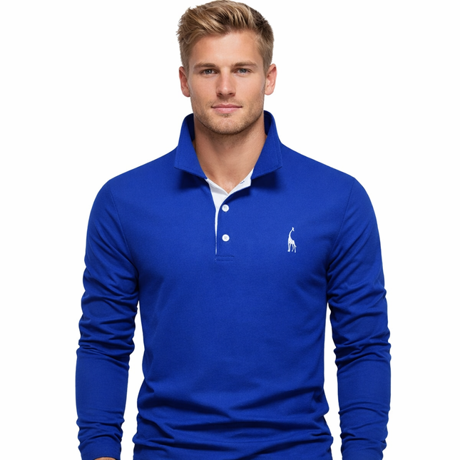 Langermet Pique Skjorte for Herre – Ensfarget med Brodert Hjort, Perfekt for Vår og Business Casual