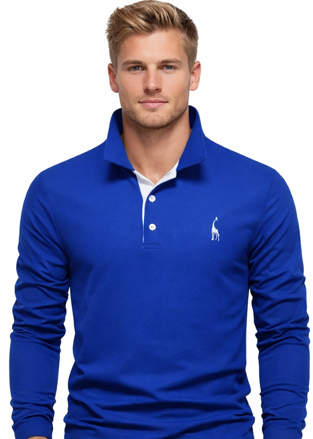 Langermet Pique Skjorte for Herre – Ensfarget med Brodert Hjort, Perfekt for Vår og Business Casual