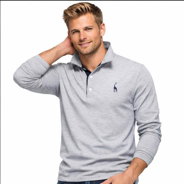 Langermet Pique Skjorte for Herre – Ensfarget med Brodert Hjort, Perfekt for Vår og Business Casual