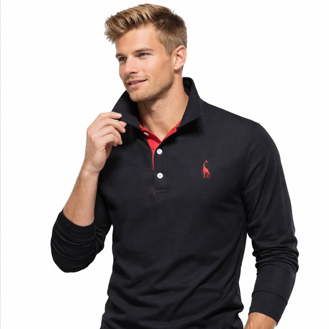 Langermet Pique Skjorte for Herre – Ensfarget med Brodert Hjort, Perfekt for Vår og Business Casual