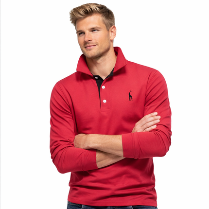 Langermet Pique Skjorte for Herre – Ensfarget med Brodert Hjort, Perfekt for Vår og Business Casual