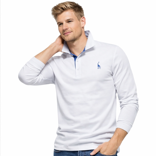 Langermet Pique Skjorte for Herre – Ensfarget med Brodert Hjort, Perfekt for Vår og Business Casual