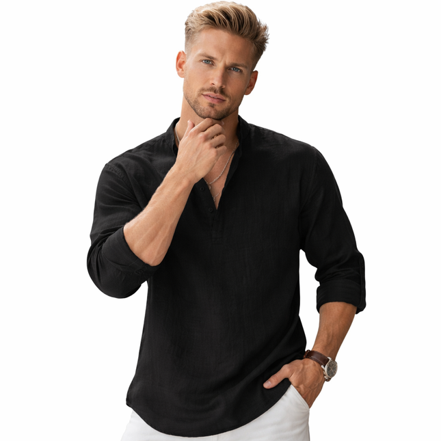 Lett Langermet Herreskjorte i Bomull og Lin – Pustende Henley-skjorte til Strand og Sommer
