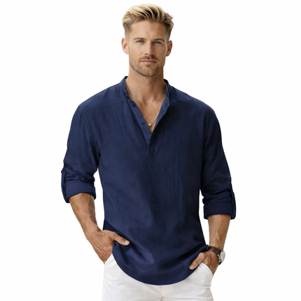 Lett Langermet Herreskjorte i Bomull og Lin – Pustende Henley-skjorte til Strand og Sommer