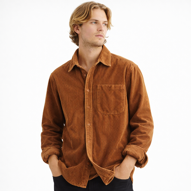 Herreskjorte i Kordfløyel – Vintage Ensfarget Langermet Skjorte | Klassisk & Slitesterk