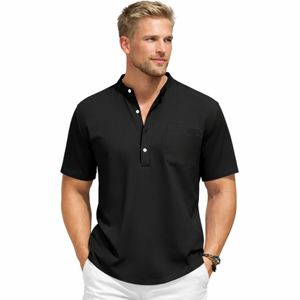 Sommerlig Herreskjorte med Kort Erm – Avslappet Henley Stil i Bomull med Lommer