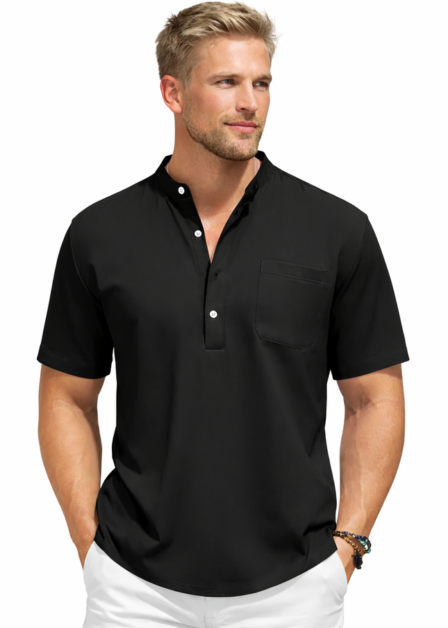 Sommerlig Herreskjorte med Kort Erm – Avslappet Henley Stil i Bomull med Lommer