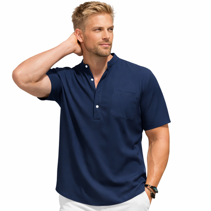 Sommerlig Herreskjorte med Kort Erm – Avslappet Henley Stil i Bomull med Lommer