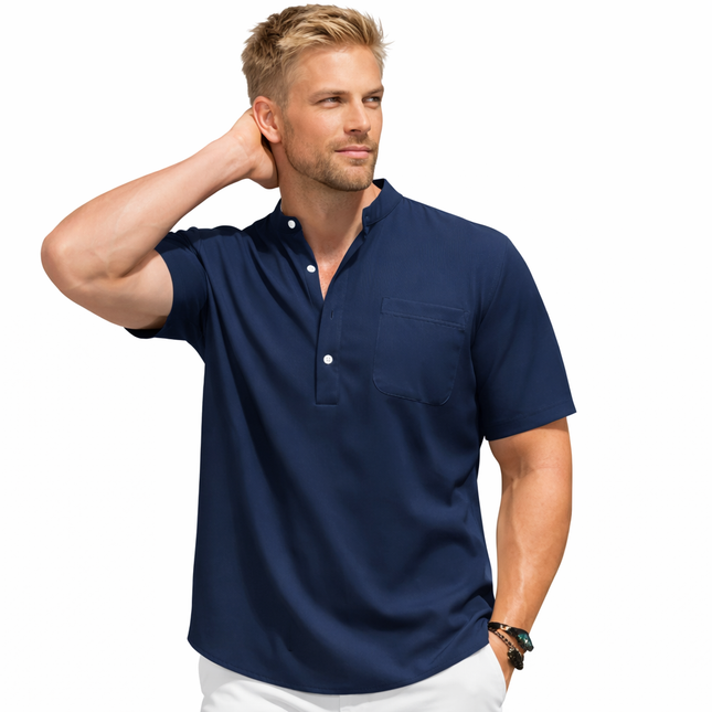 Sommerlig Herreskjorte med Kort Erm – Avslappet Henley Stil i Bomull med Lommer