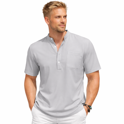 Sommerlig Herreskjorte med Kort Erm – Avslappet Henley Stil i Bomull med Lommer