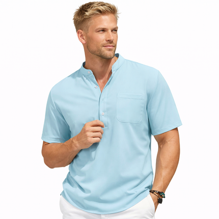 Sommerlig Herreskjorte med Kort Erm – Avslappet Henley Stil i Bomull med Lommer