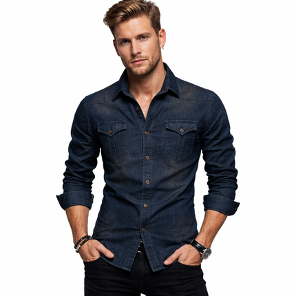 Slim Fit Denimskjorte for Herre – Elastisk Bomull og Klassisk Cowboy-stil med Moderne Passform