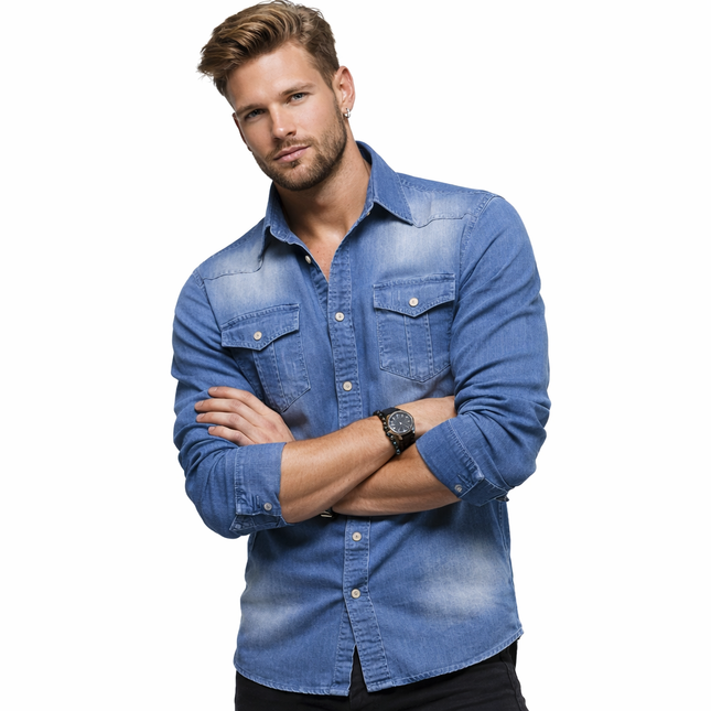 Slim Fit Denimskjorte for Herre – Elastisk Bomull og Klassisk Cowboy-stil med Moderne Passform