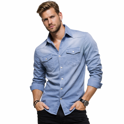 Slim Fit Denimskjorte for Herre – Elastisk Bomull og Klassisk Cowboy-stil med Moderne Passform
