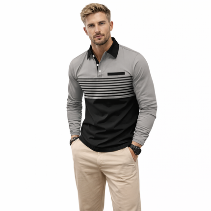 Langermet Polo for Menn – Business Casual Skjorte med Knapper og 3D Stripe Design | Komfortabel og Pustende Topp til Vår og Høst