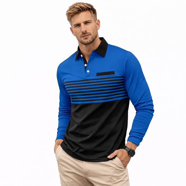 Langermet Polo for Menn – Business Casual Skjorte med Knapper og 3D Stripe Design | Komfortabel og Pustende Topp til Vår og Høst