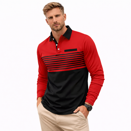 Langermet Polo for Menn – Business Casual Skjorte med Knapper og 3D Stripe Design | Komfortabel og Pustende Topp til Vår og Høst