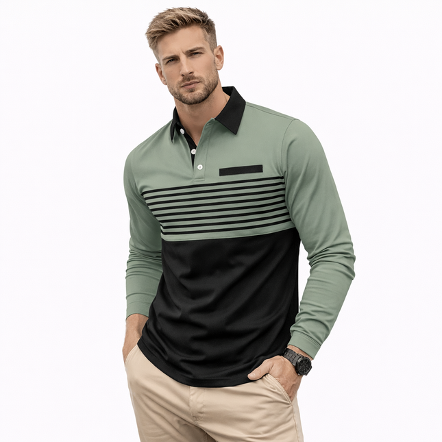 Langermet Polo for Menn – Business Casual Skjorte med Knapper og 3D Stripe Design | Komfortabel og Pustende Topp til Vår og Høst