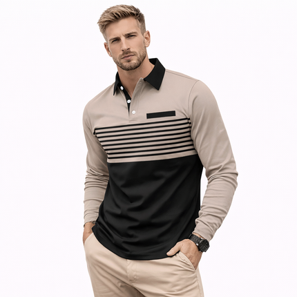 Langermet Polo for Menn – Business Casual Skjorte med Knapper og 3D Stripe Design | Komfortabel og Pustende Topp til Vår og Høst