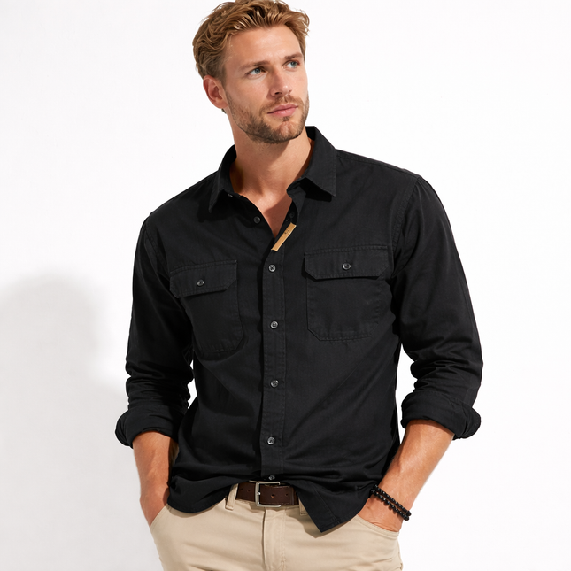 Vintage Arbeidsskjorte for Menn – Klassisk Skjorte med Flere Lommer | Langermet Skjorte med Knapper i Robust Bomull