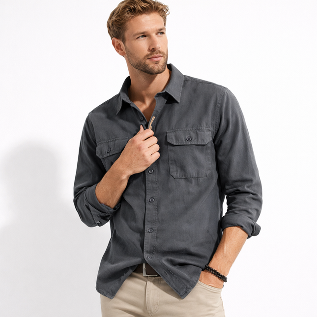 Vintage Arbeidsskjorte for Menn – Klassisk Skjorte med Flere Lommer | Langermet Skjorte med Knapper i Robust Bomull