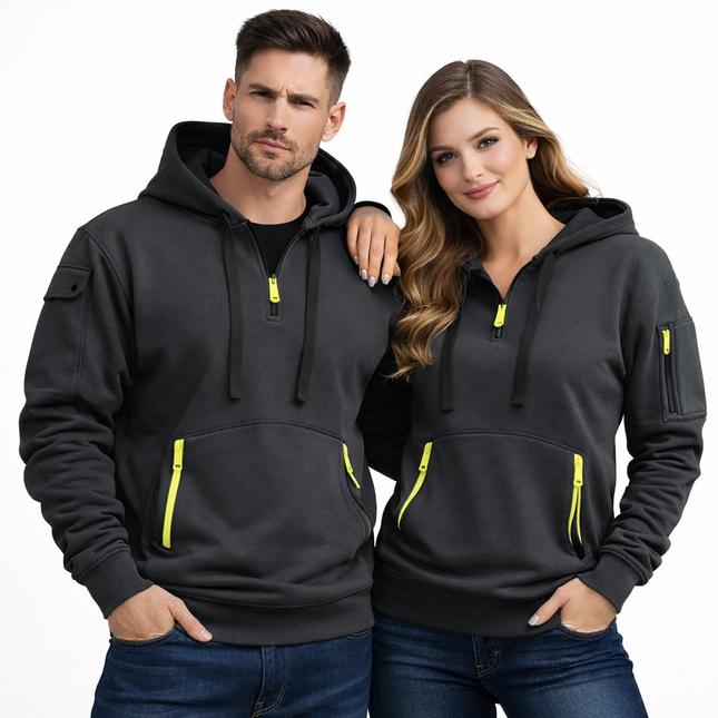 Unisex fleece hettegenser med glidelåslommer – løs passform, store størrelser