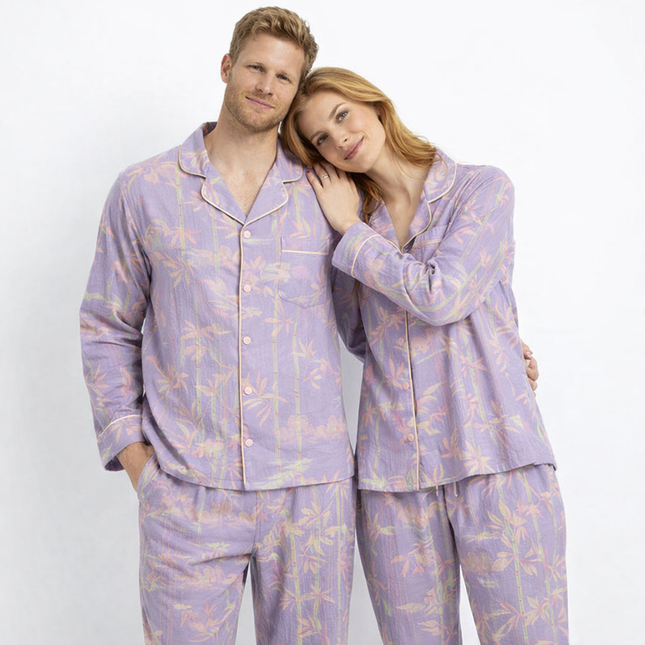 Par-Pysjamas i Bomullsmusselin (Dobbel Gasbind) – 2-delt Sett med Tynn Langermet Topp + Bukse | Vår/Sommer Loungewear