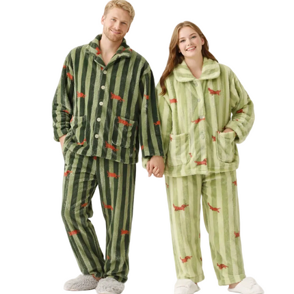 Varm Pølsehund-Pysjamas (2-delt) – Langermet Skjortetopp med Krage + Bukse | Vinter Loungewear