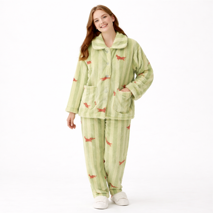 Varm Pølsehund-Pysjamas (2-delt) – Langermet Skjortetopp med Krage + Bukse | Vinter Loungewear