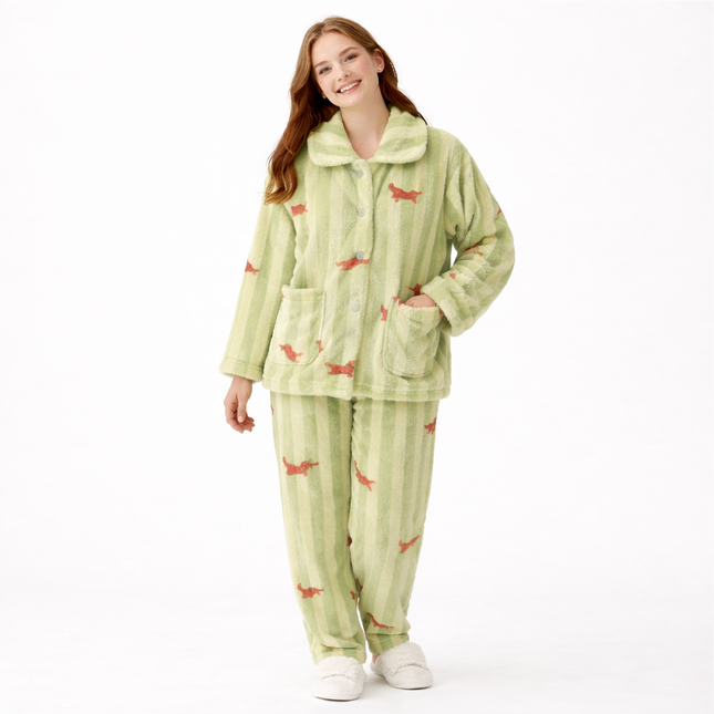 Varm Pølsehund-Pysjamas (2-delt) – Langermet Skjortetopp med Krage + Bukse | Vinter Loungewear