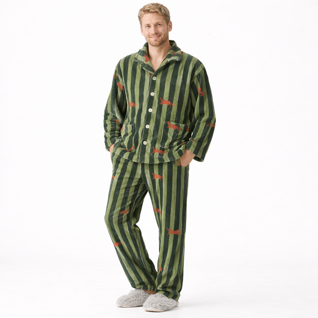 Varm Pølsehund-Pysjamas (2-delt) – Langermet Skjortetopp med Krage + Bukse | Vinter Loungewear