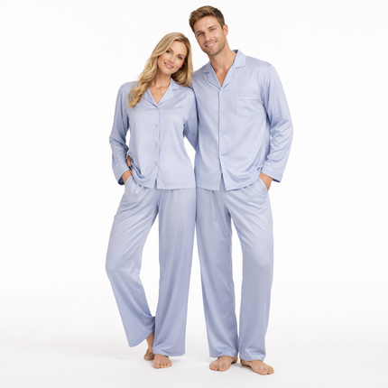 Matchende Satengpysjamas for Par – Ensfarget 2-delt Sett med Skjortekrage, Lommer & Lange Ermer (Høst)
