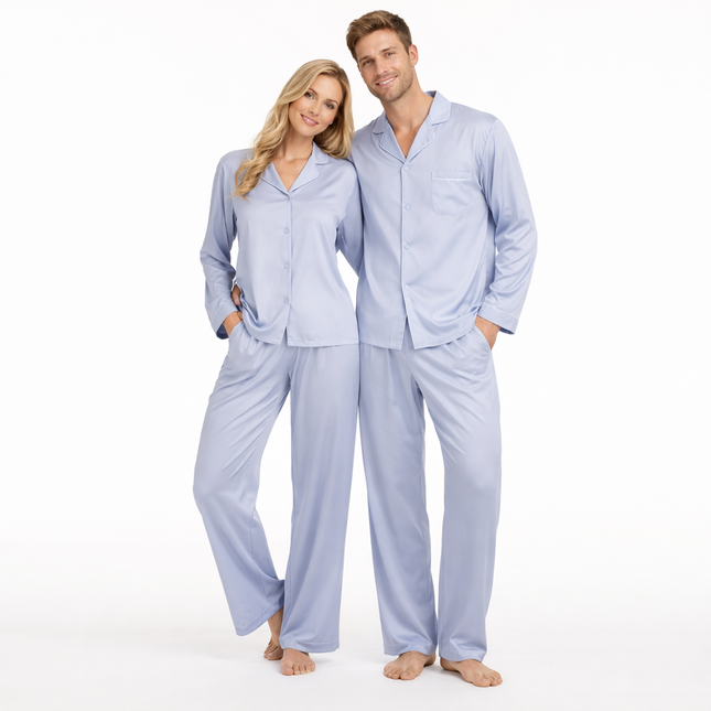 Matchende Satengpysjamas for Par – Ensfarget 2-delt Sett med Skjortekrage, Lommer & Lange Ermer (Høst)