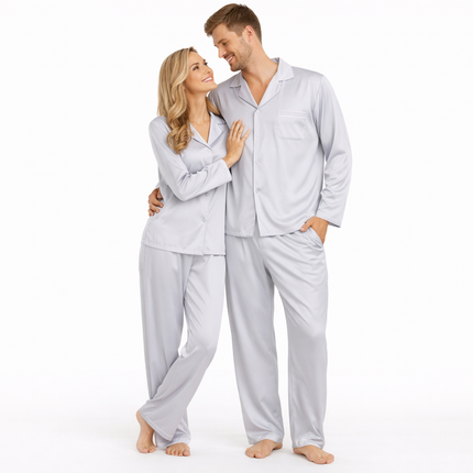 Matchende Satengpysjamas for Par – Ensfarget 2-delt Sett med Skjortekrage, Lommer & Lange Ermer (Høst)