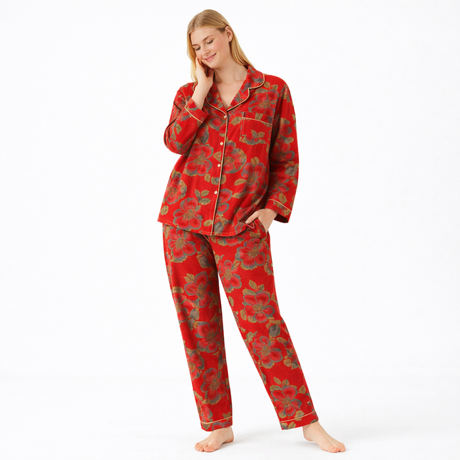 Jacquard Pysjamasett i Bomull (Garnfarget) – 2-delt Langermet Sett med Etnisk Mønster | Høst Loungewear